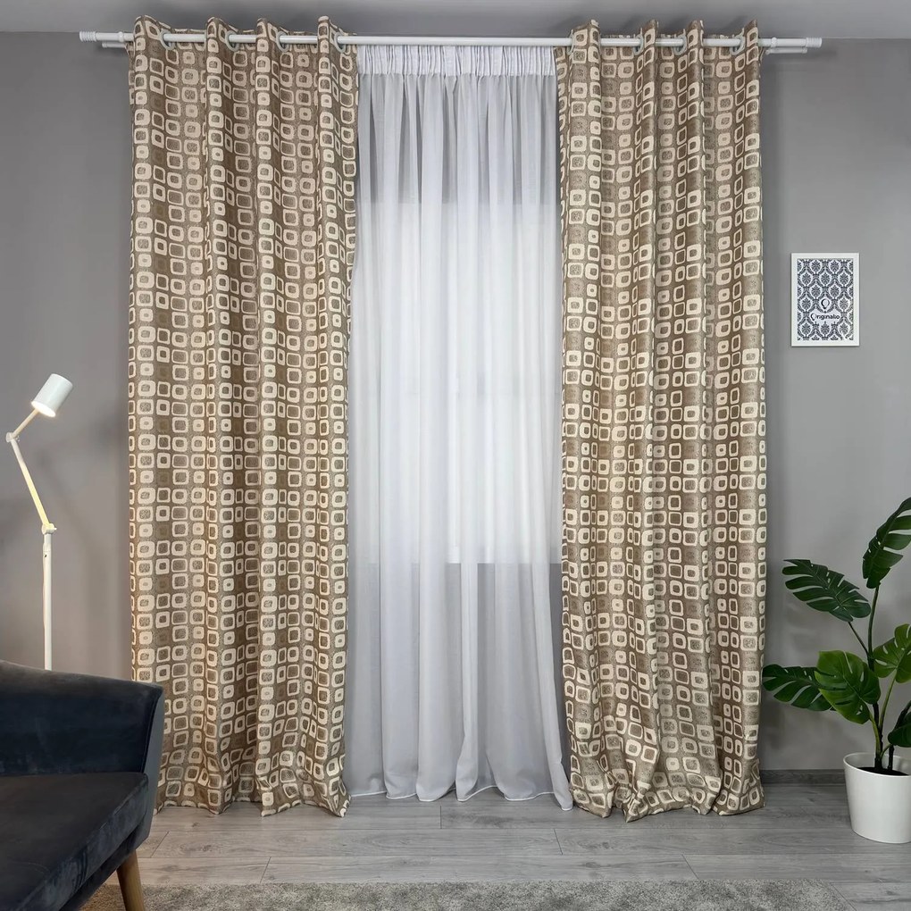 Set două Draperii (Opacitate 80%), din Bumbac + Stofă premium (Model texturat), Gata lucrate (Inele galerie), Culoare Crem + Bej, Dimensiuni draperie 160x260 cm (x2), Brand Originalio