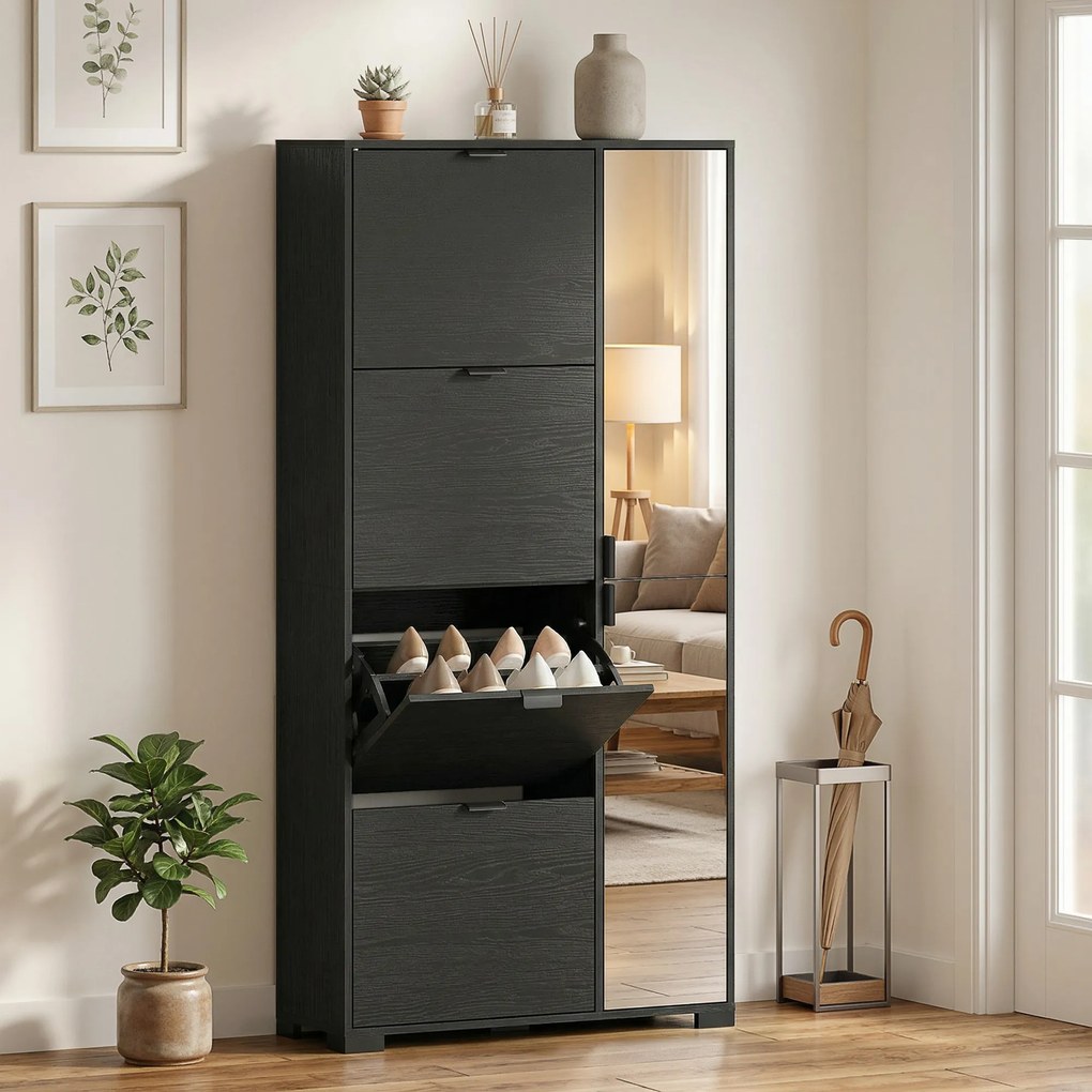 HOMCOM Dulap Pantofi cu Oglindă, 4 Sertare Rabatabile, Dulap de Hol, 82 x 30 x 168 cm, Negru | Aosom Romania