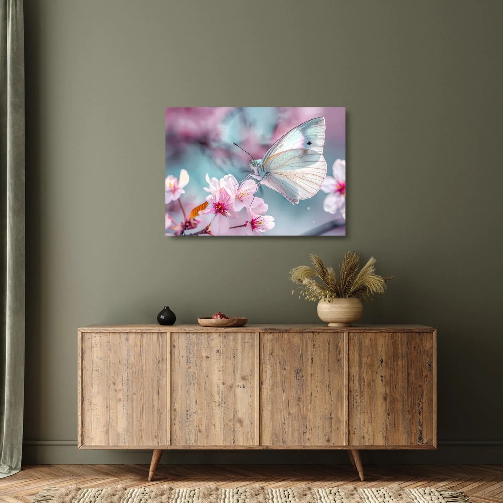 Tablou pe sticlă - Fluture pe un cireș (70x50 cm)