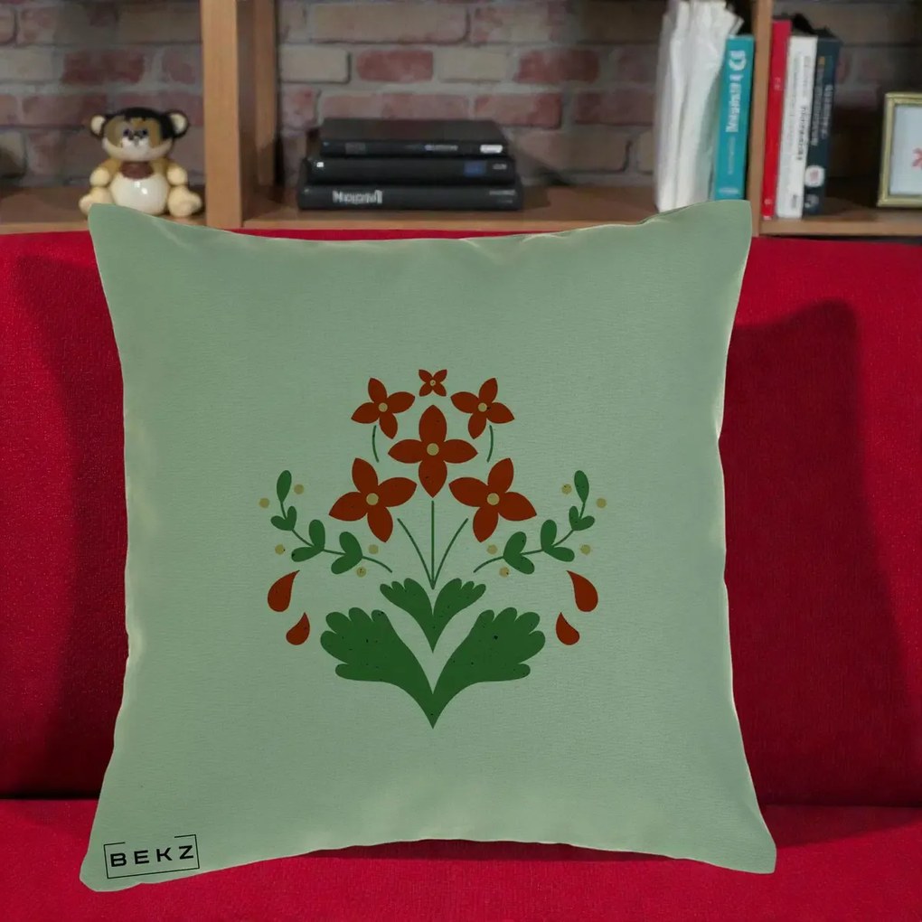 Perna Decorativa Buchet Floral Folk Rosu-Verde, 40x40 cm, Verde, Husa Detasabila, Perna Inclusa, BEKZ®