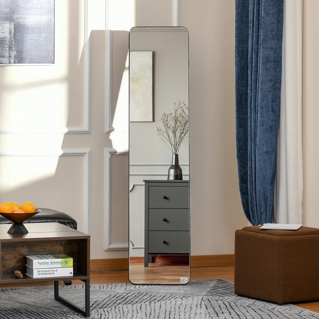 HOMCOM Oglindă de Podea sau Perete cu Cadru din Lemn, Oglindă cu Suport, Pliabil cu Balama, 37x43x156 cm, Nuc | Aosom Romania