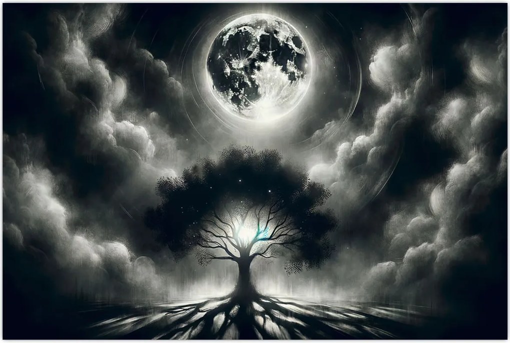 Tablou – Arbore alb-negru în lună plină (90x60 cm)
