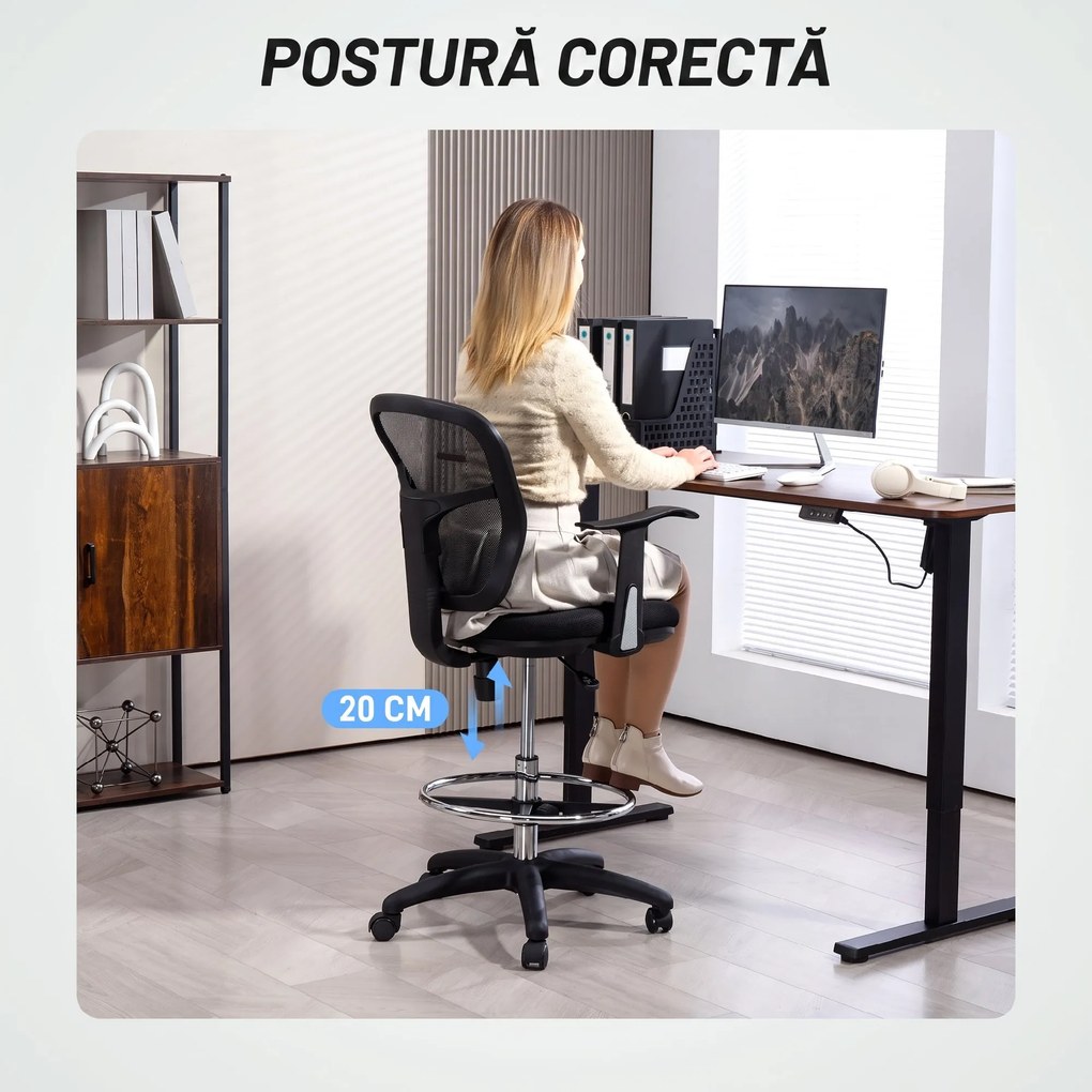 HOMCOM Scaun de Birou Rotativ cu Inel pentru Sprijinirea Picioarelor și Spătar Curbat, 55x58x94 cm, Negru | Aosom Romania