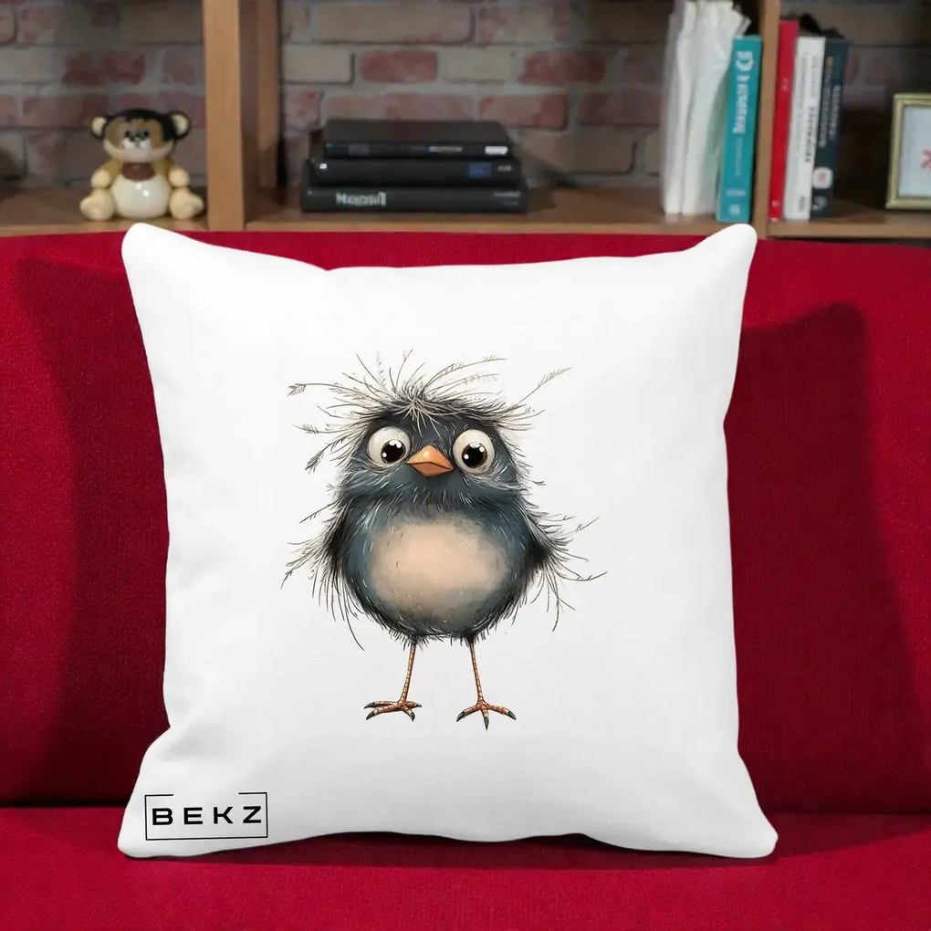 Perna Decorativa Pui Negru Zbarlit cu Pene Fine, 40x40 cm, Alba Mata, Husa Detasabila, Perna Inclusa, BEKZ®