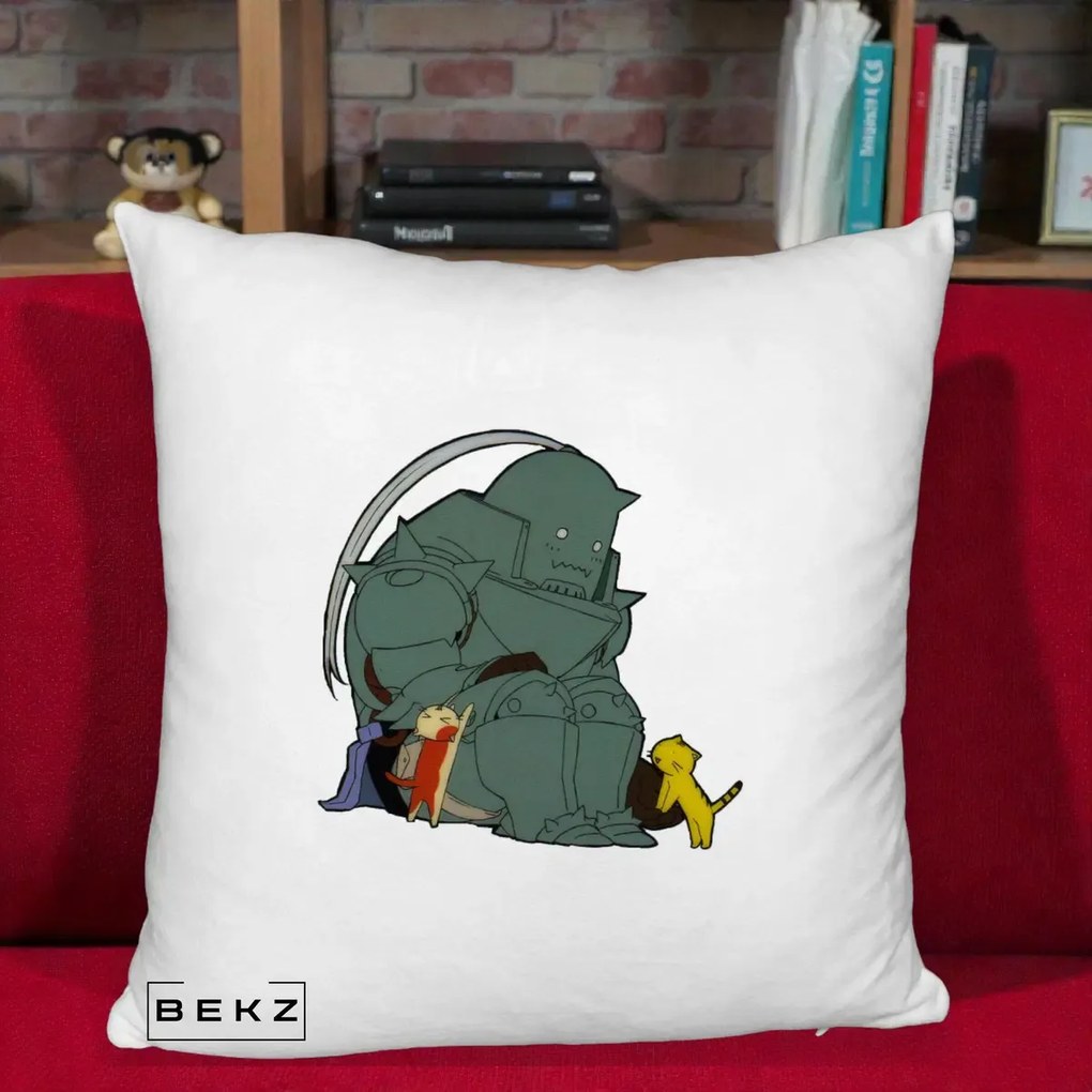 Perna Personalizata Fullmetal Alchemist Alphonse cu Pisici, 40x40 cm, Alb Pufos, Husa Detasabila, Perna Inclusa, BEKZ®