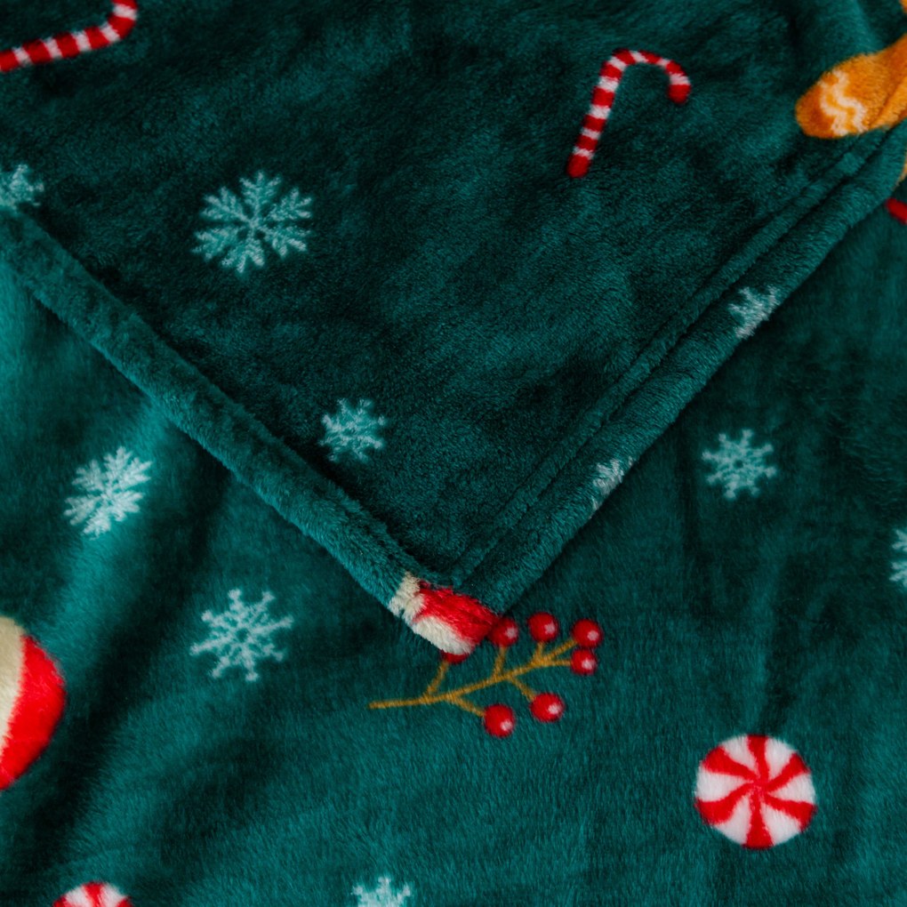 Patura microplus de Craciun SNOWMAN AND GINGERBREAD verde Dimensiuni: 200 x 220 cm