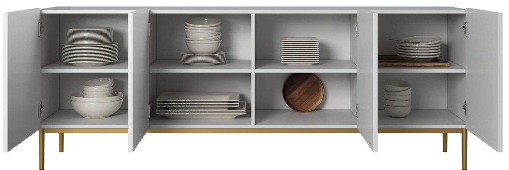 Comodă pe picioare metalice Nicole 200 cm - alb mat / picioare aurii