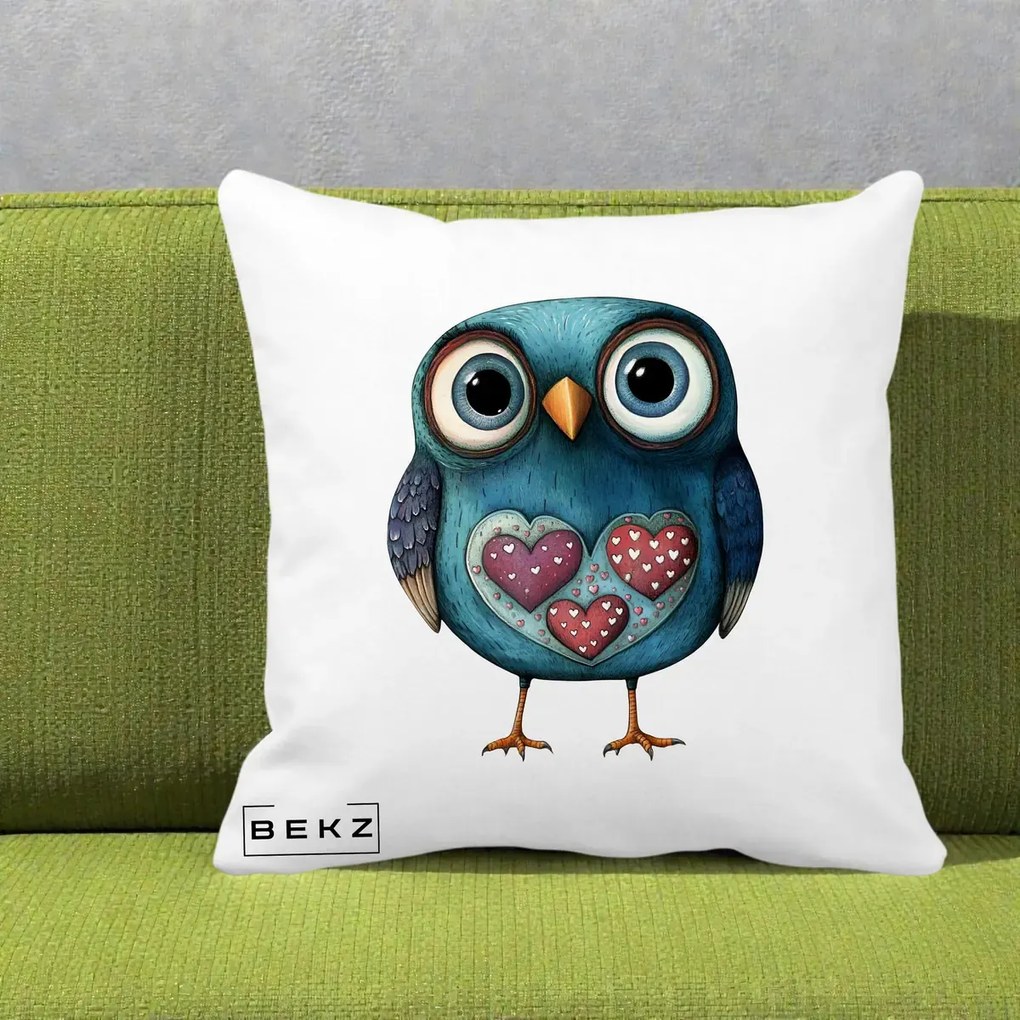 Perna Decorativa Bufnita Teal cu Doua Inimi, 40x40 cm, Alba Mata, Husa Detasabila, Perna Inclusa, BEKZ®