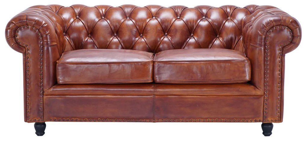 Canapea Chesterfield 2 locuri, din piele naturala, cognac, Classic Chic