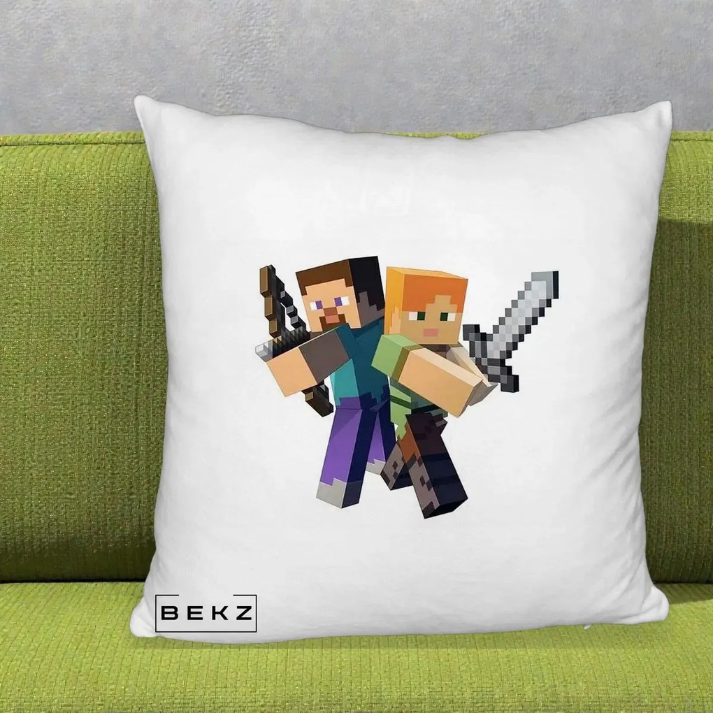 Perna Personalizata Minecraft Steve si Alex, 40x40 cm, Alb Pufos, Husa Detasabila, Perna Inclusa, BEKZ®