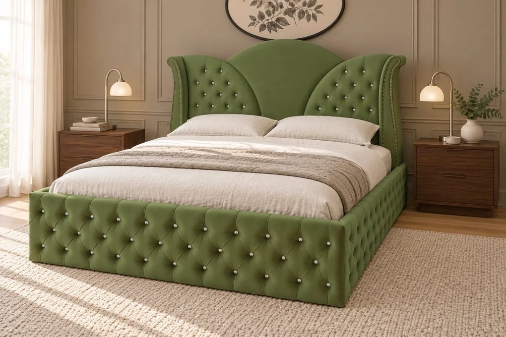 Pat tapițat Chesterfield din catifea Velora Deluxe 180×200 cm, kaki, cu ladă de depozitare