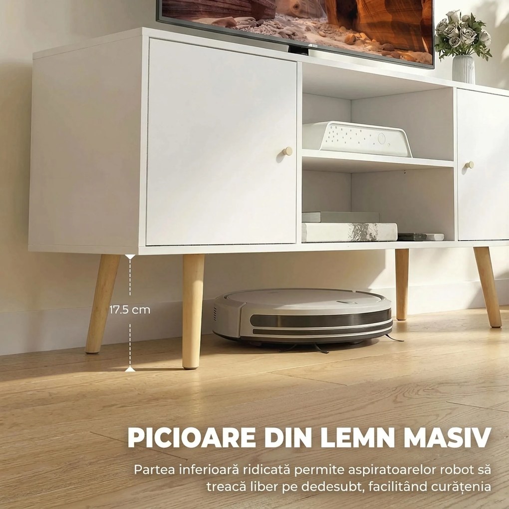 HOMCOM Cabinet TV 55" cu 2 Dulapuri, Uși și 2 Rafturi Deschise, Consolă TV din Lemn și PAL, 120x34x50 cm, Alb | Aosom Romania