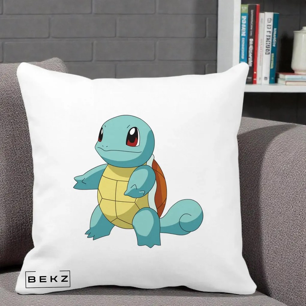 Perna Personalizata Squirtle Pokemon, 40x40 cm, Alba Mata, Husa Detasabila, Perna Inclusa, BEKZ®