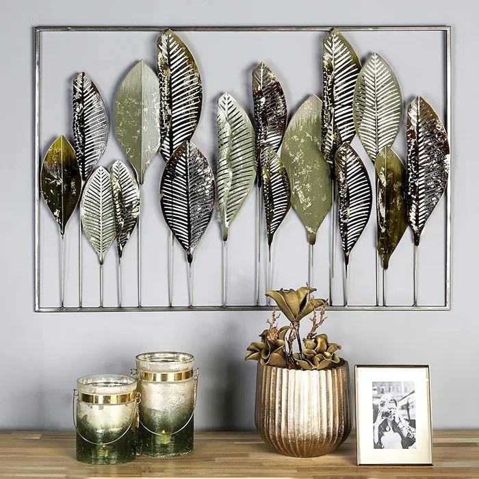 Decoratiune pentru perete Palm leaf, metalic,verde maro auriu, 70x100x5