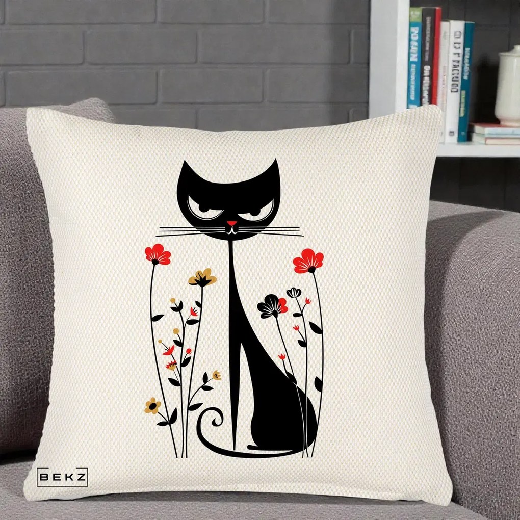Perna Decorativa Pisica Neagra Grafica Flori Rosii, 40x40 cm, Crem Reliefat, Husa Detasabila, Perna Inclusa, BEKZ®