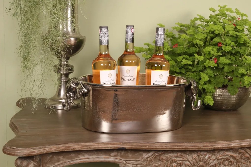 Frapieră ovală pentru vin și șampanie din aluminiu reciclat, argintie, cu mânere în formă de cap de elefant, stil colonial, finisaj ciocănit, 38 x 29