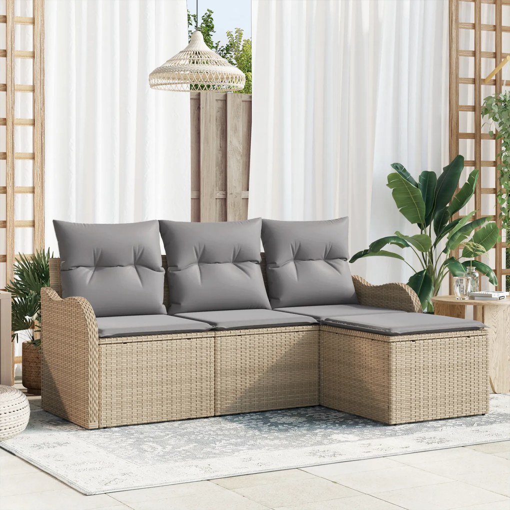 vidaXL Set de canapele pentru grădină cu pernă 4 pcs Bej Rattan poli