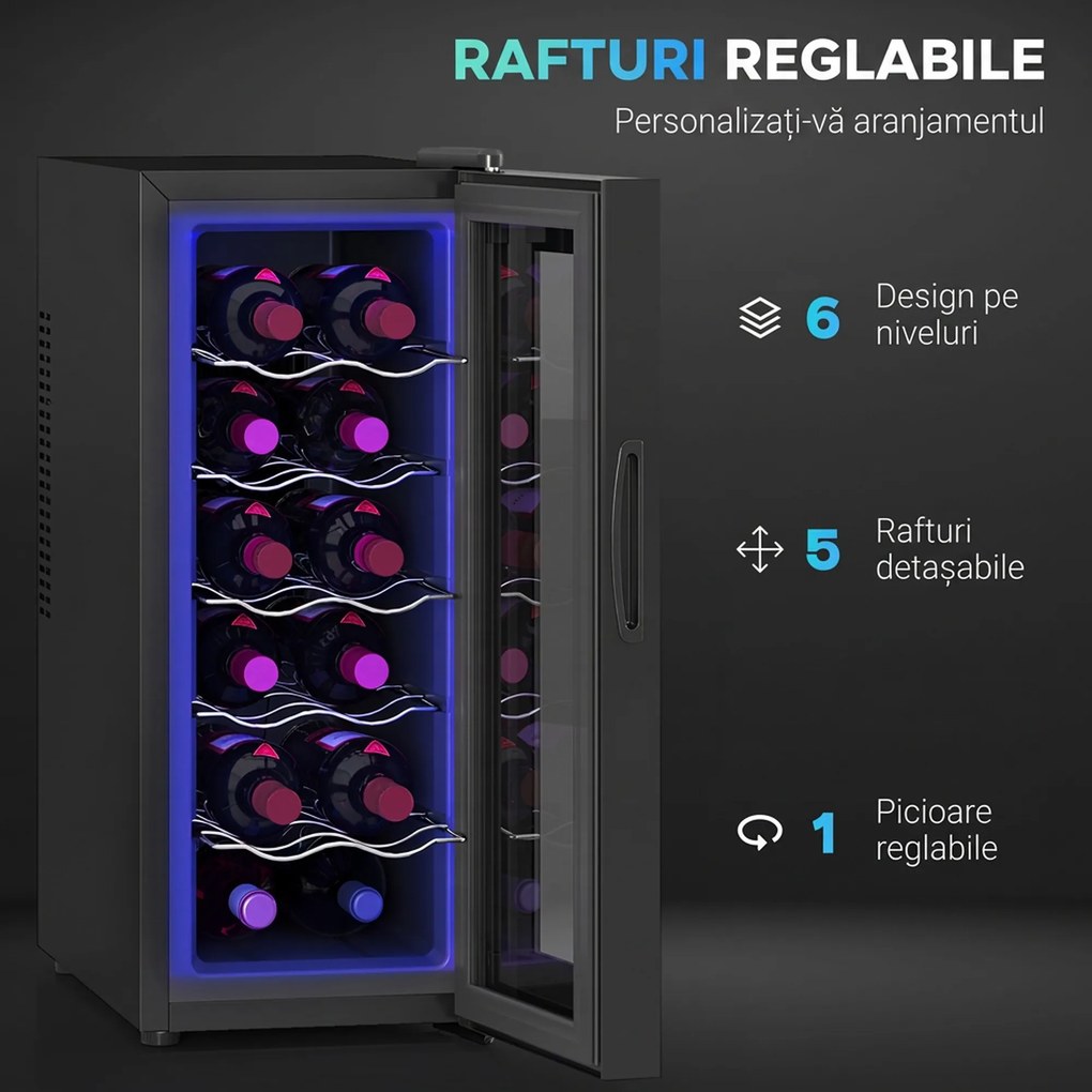 HOMCOM Frigider Termoelectric Dublu pentru 12 Sticle de Vin cu Ușă de Sticlă și Lumină LED, 26,5x51,5x65 cm, Negru | Aosom Romania