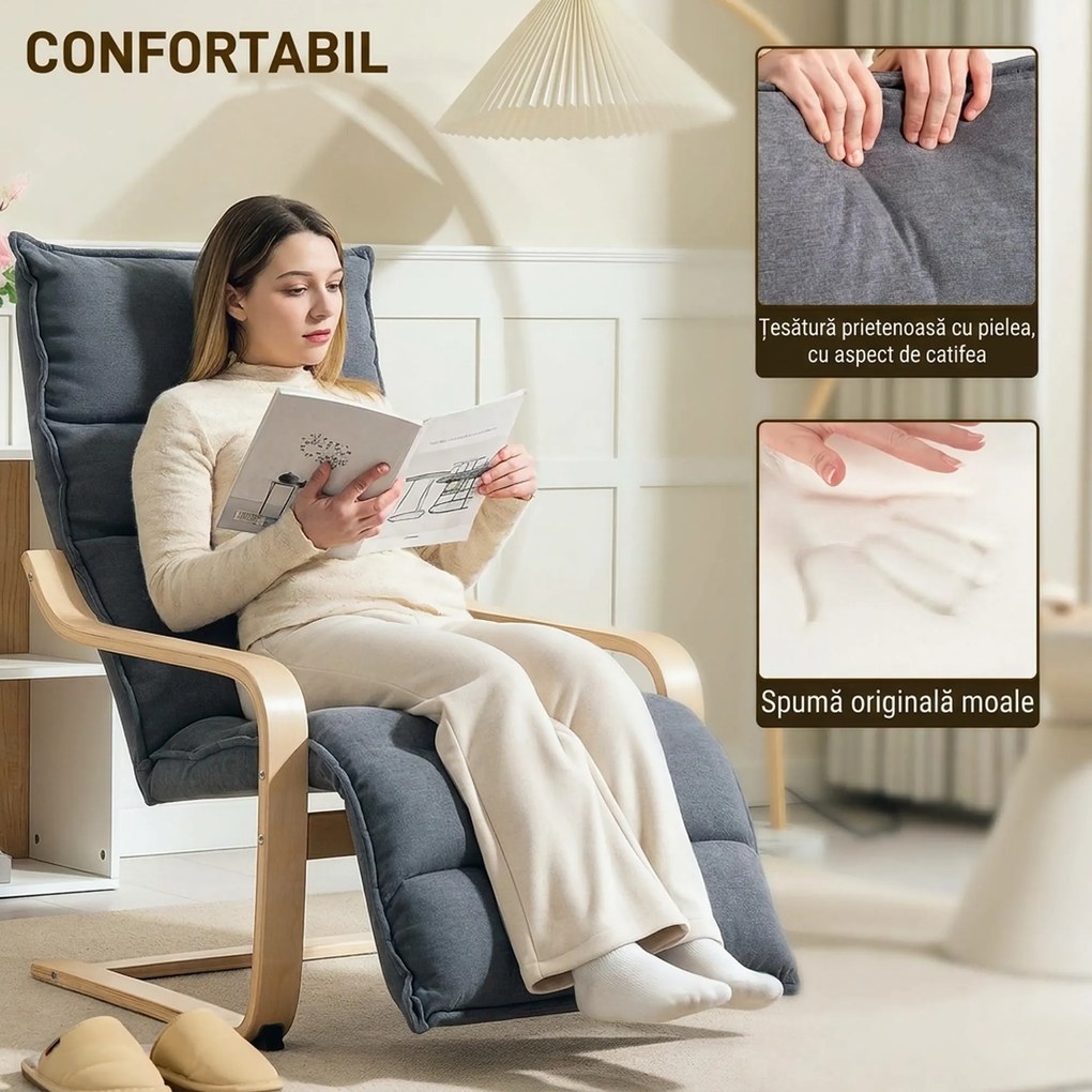 HOMCOM Fotoliu Ergonomic Lemn și Catifea Suport pentru Picioare Reglabil Gri Închis | Aosom Romania