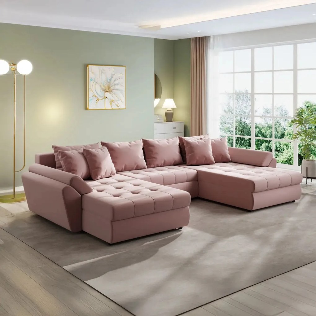 Colțar extensibil dumonde cu ladă de depozitare si sezut confortabil din spuma high-density, Loana U Royal Pink 355x185 cm