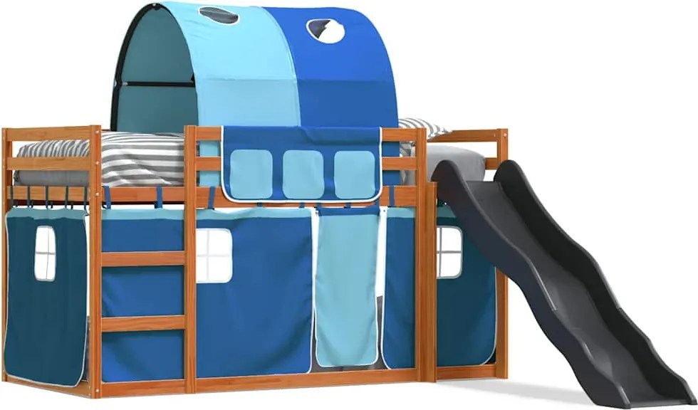 vidaXL Pat supraetajat cu tobogan și perdele, albastru, 90x200 cm