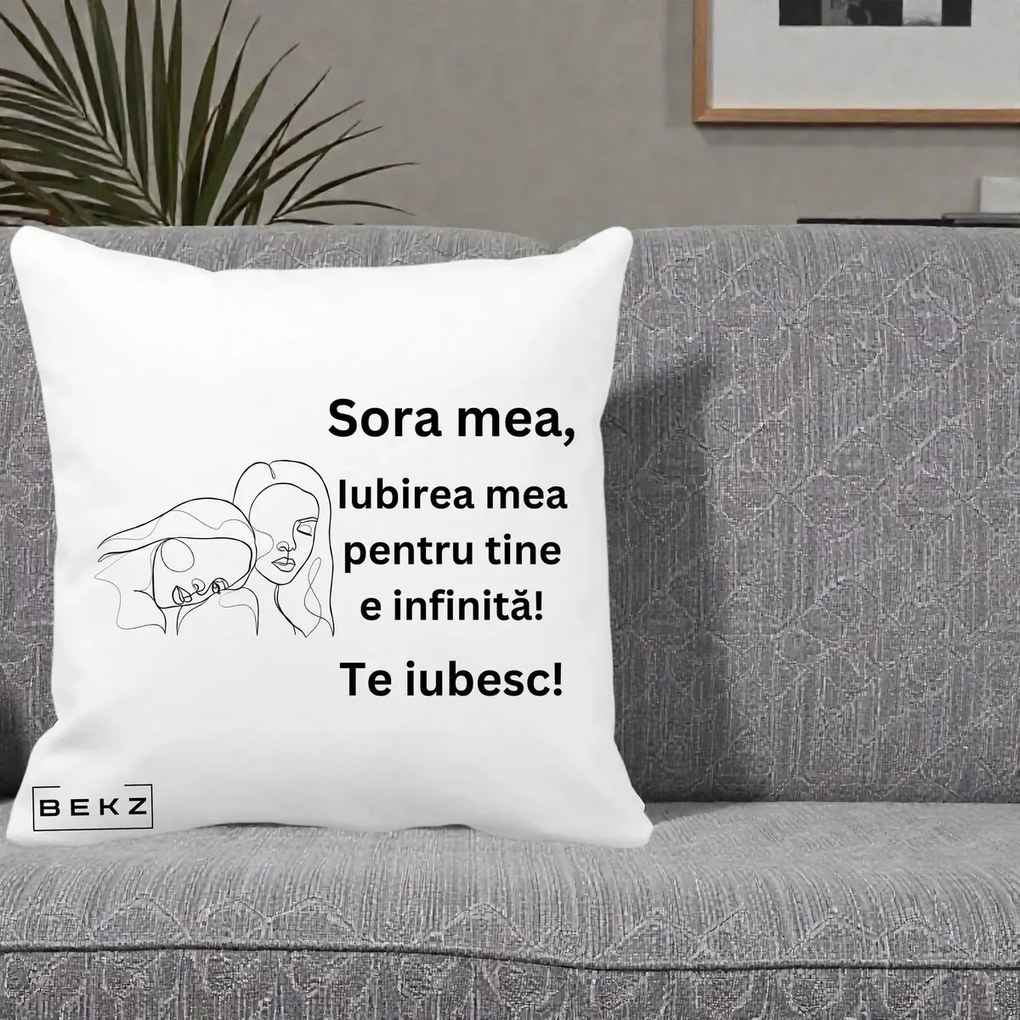Cadou pentru Sora - Perna Personalizata Sora Mea Te Iubesc Line Art Portrete Fata in Fata, 40x40 cm, Alba Mata, Husa Detasabila, Perna Inclusa, BEKZ®