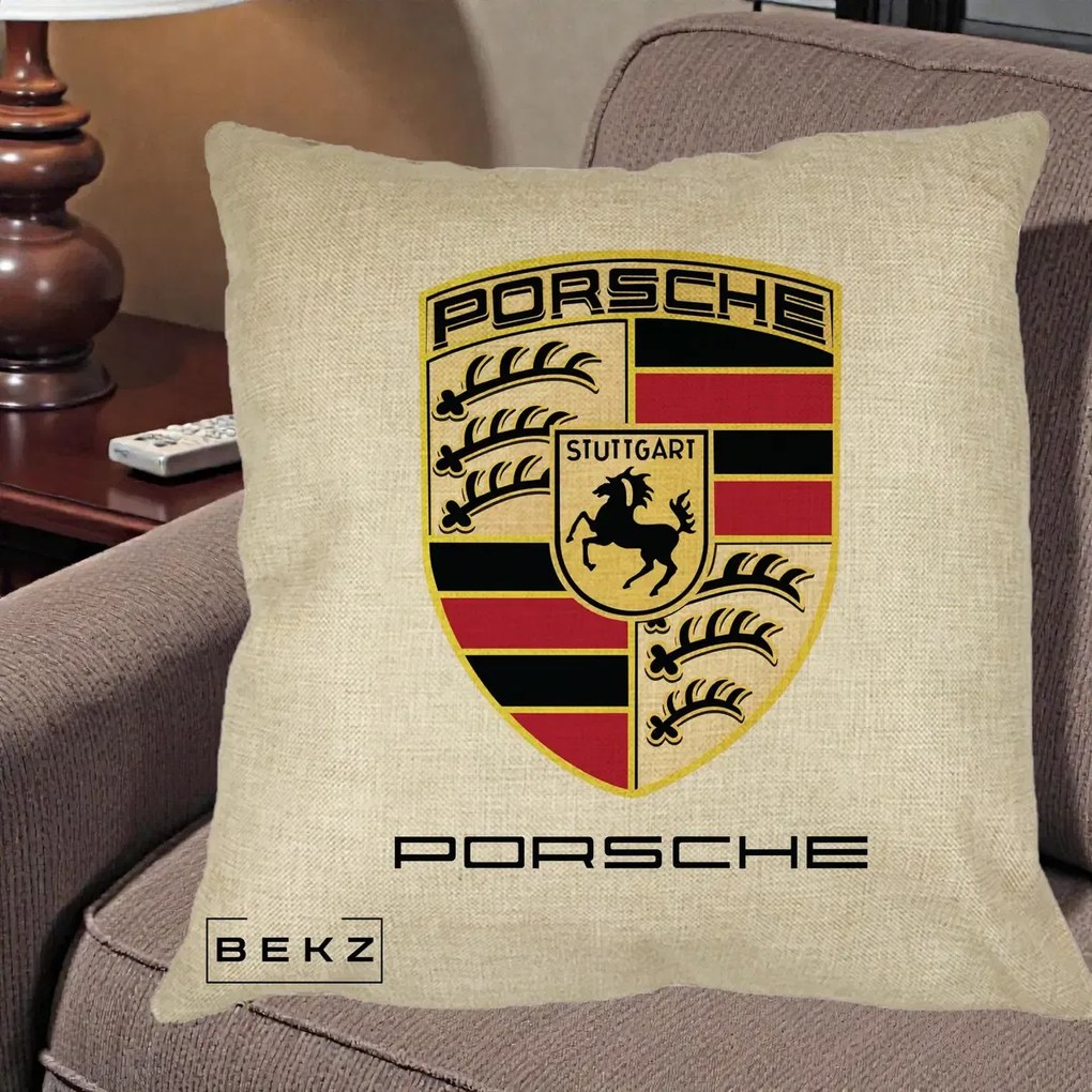 Perna Personalizata Porsche Stuttgart, 40x40 cm, Crem, Husa Detasabila, Perna Inclusa, BEKZ®