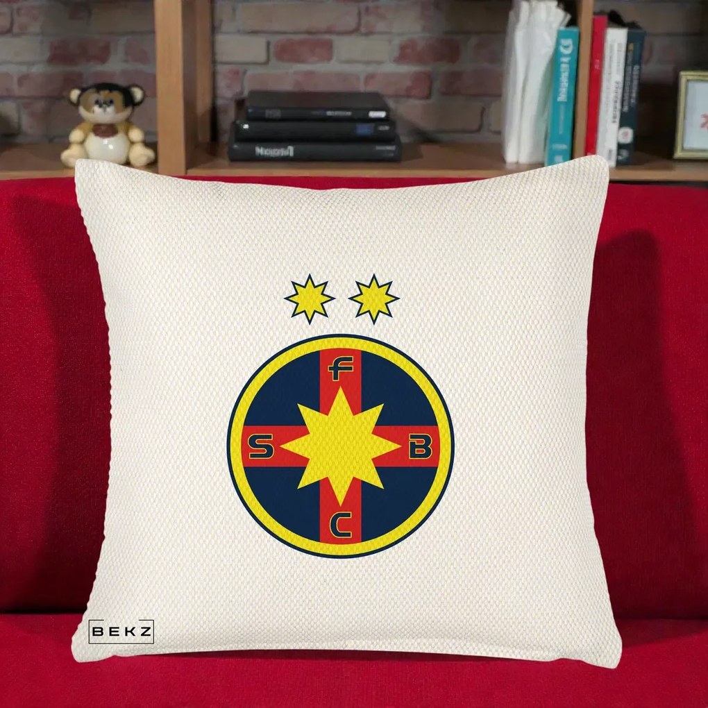 Perna Personalizata FCSB Fotbal Club Steaua Bucuresti, 40x40 cm, Crem Reliefat, Husa Detasabila, Perna Inclusa, BEKZ®
