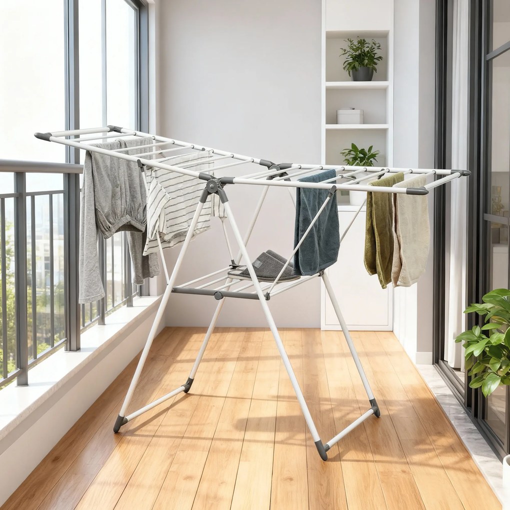 HOMCOM Uscător de Rufe cu 2 Niveluri Reglabil pe 4 Înălțimi Diferite, Uscător din Metal și Plastic, 156.5x61.5x97 cm, Alb | Aosom Romania