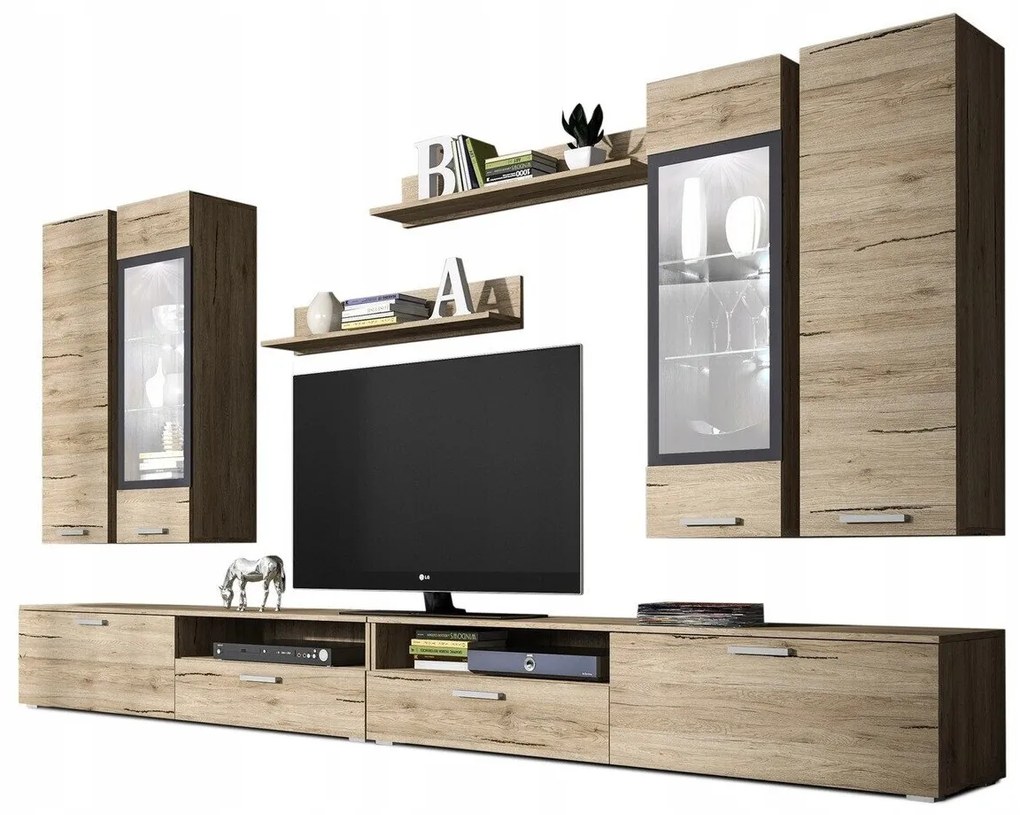 Camera de zi Austin 105Stejar san remo, Antracit, Părți separate, Cu comodă tv, Cu componente suplimentare, Sticlă călită, PAL laminat, 280x40cm