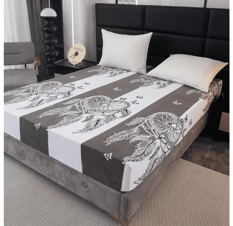 Cearsaf Cocolino microplus cu elastic TIRSO 90x200 cm gri-alb