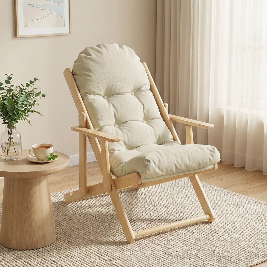 HOMCOM Fotoliu pliant și înclinat din lemn, fotoliu relaxant confortabil cu pernă capitonată groasă | Aosom Romania