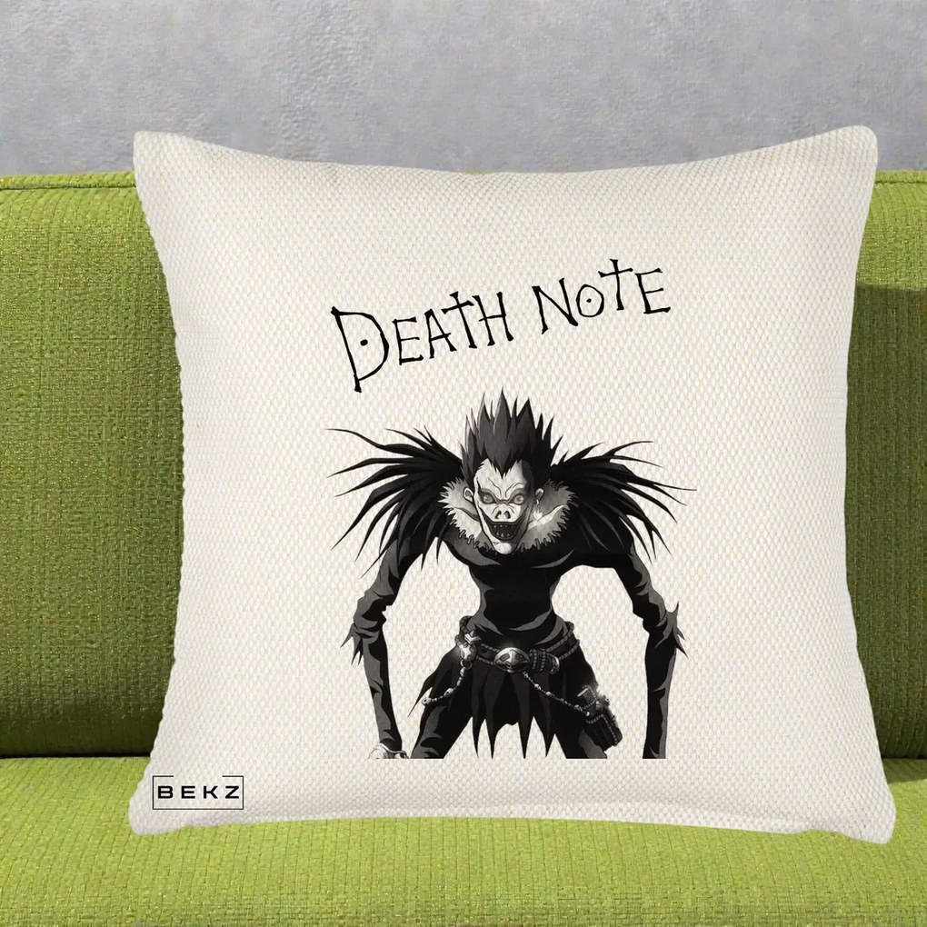 Perna Personalizata Death Note Ryuk Shinigami Alb-Negru, 40x40 cm, Crem Reliefat, Husa Detasabila, Perna Inclusa, BEKZ®