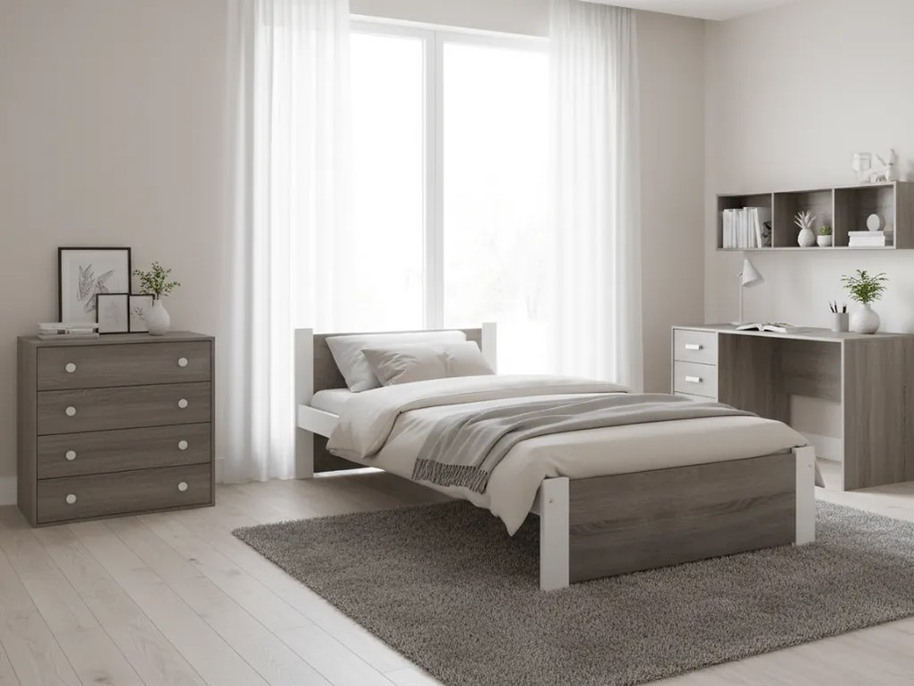 Pat de o persoana stejar alb/trufa, IKAROS 90 x 200 cm Saltele: Cu saltele Coco Maxi 20 cm, Somiera pat: Fara somiera