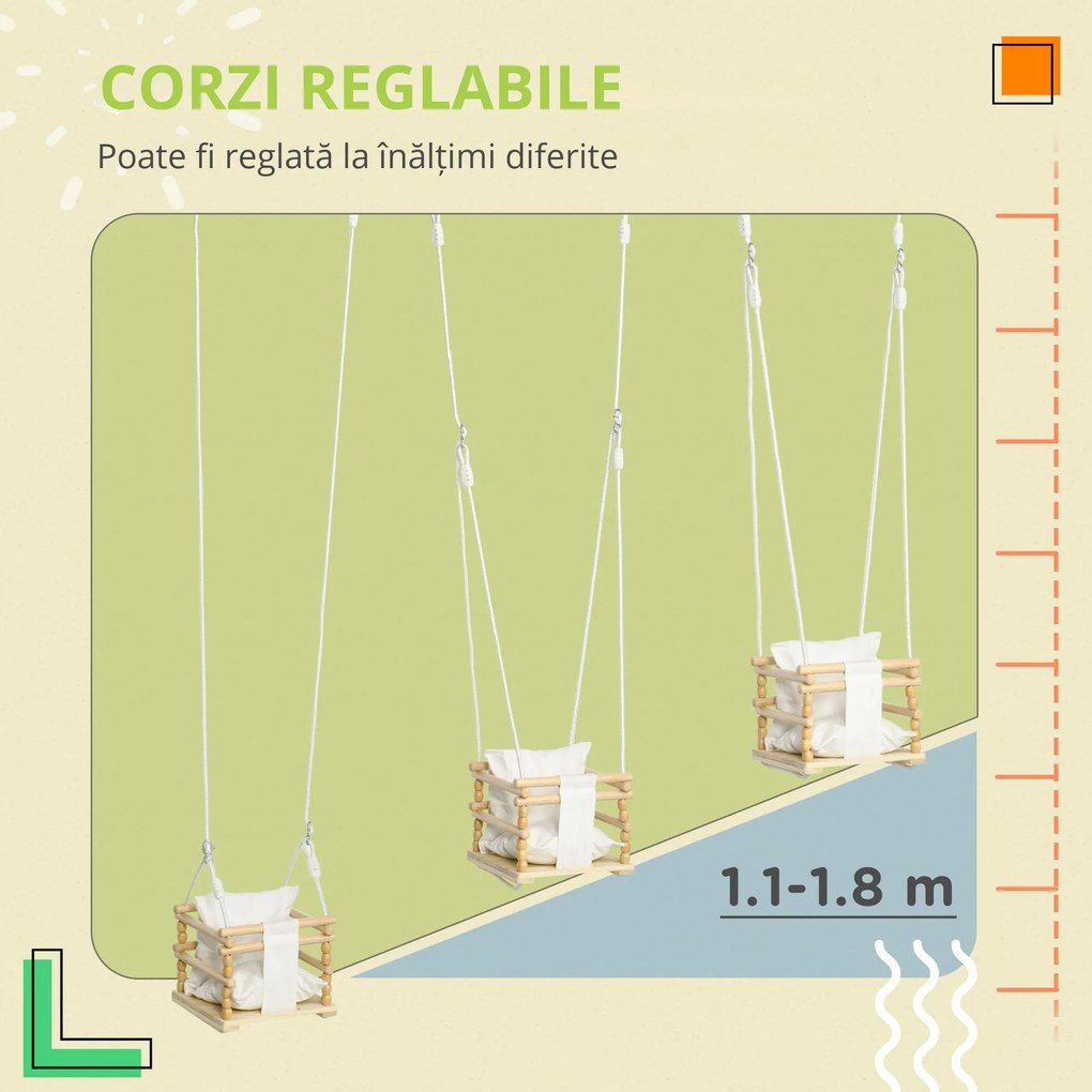 AIYAPLAY Leagăn pentru Copii din Lemn și Bumbac cu Frânghie Reglabilă, pentru Spații Interioare și Exterioare, 30x30x110-180 cm, Alb | Aosom Romania