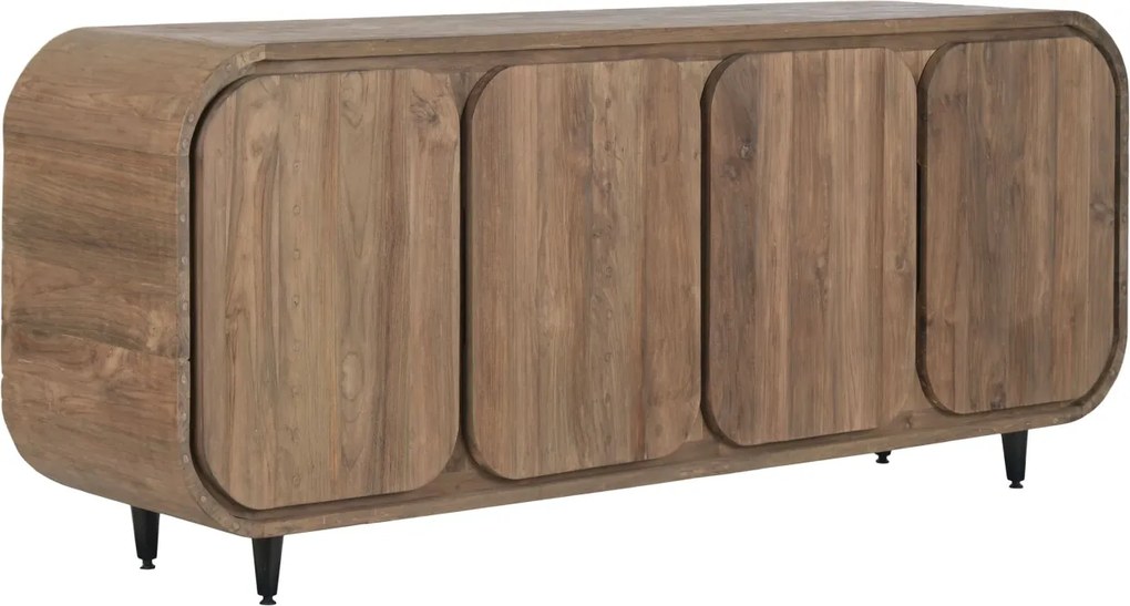 Bufet rustic din lemn de tec reciclat, natur, cu 4 uși cu colțuri rotunjite și picioare din metal negru, 80 x 200 x 45 cm, „Granville”