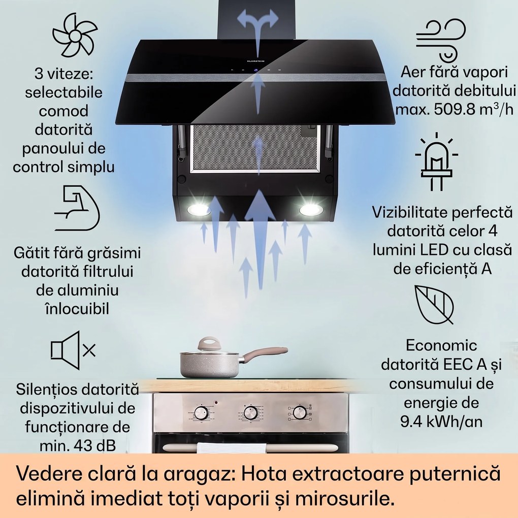 Klarstein Clara 60, hotă, 591 m³/h, ecran tactil, iluminare ambientală