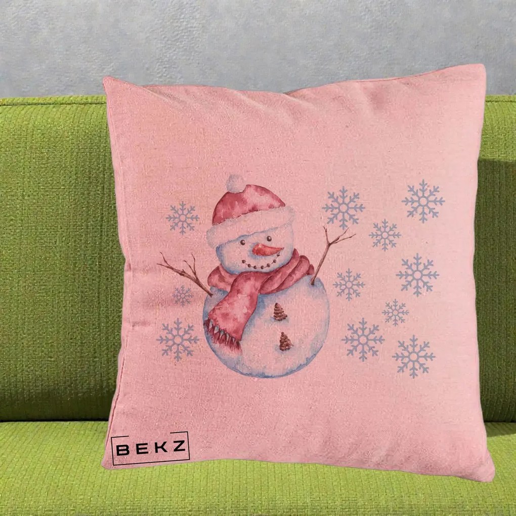 Perna Decorativa Om de Zapada Rosu cu Fulgi, 40x40 cm, Roz, Husa Detasabila, Perna Inclusa, BEKZ®