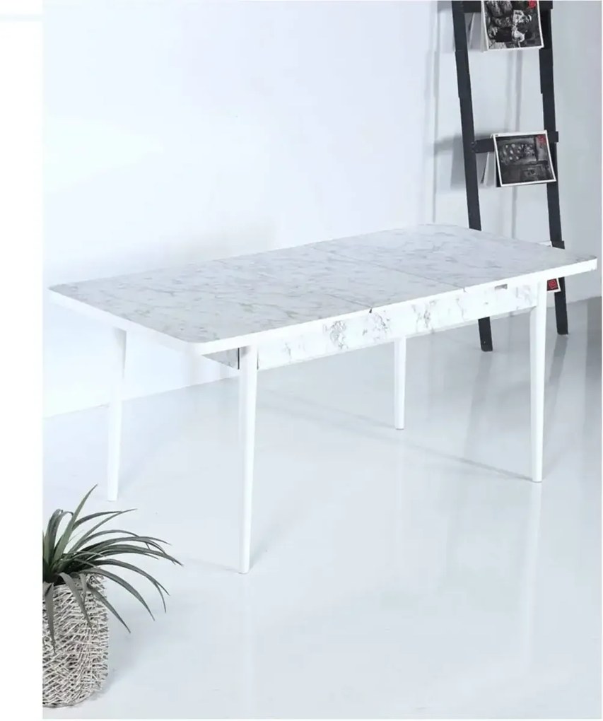 Set masa extensibila cu 6 scaune tapitate Homs cristal  bej-gri-picior-alb-170 x 80 cm