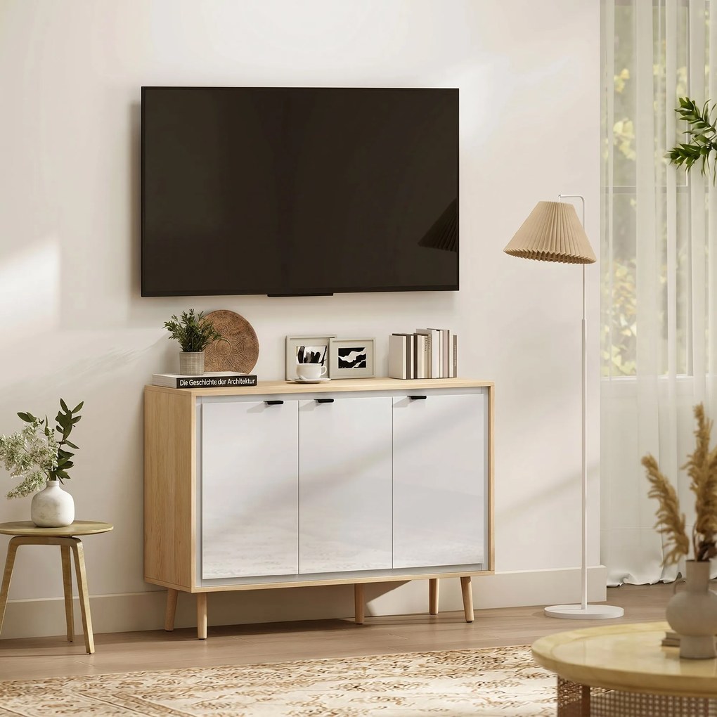 HOMCOM Bufet Modern cu 3 Uși și Raft Reglabil 107x35x77cm Alb și Stejar | Aosom Romania