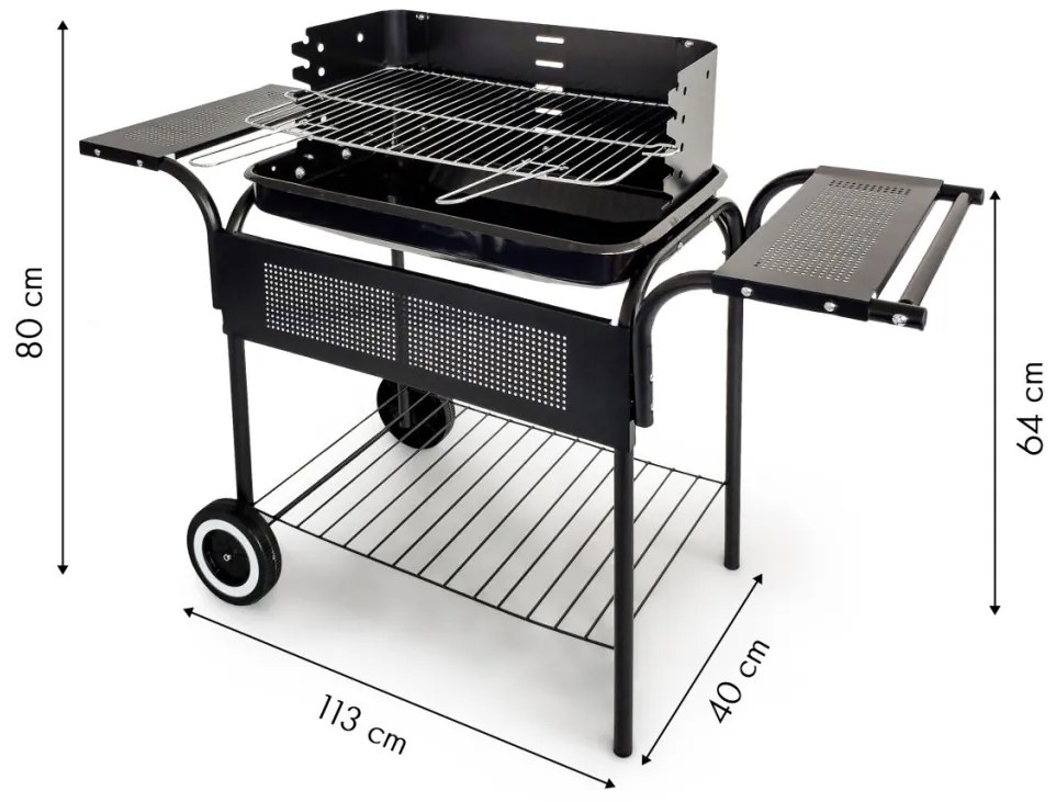 Görgős faszenes kerti grill állítható rácsmagassággal