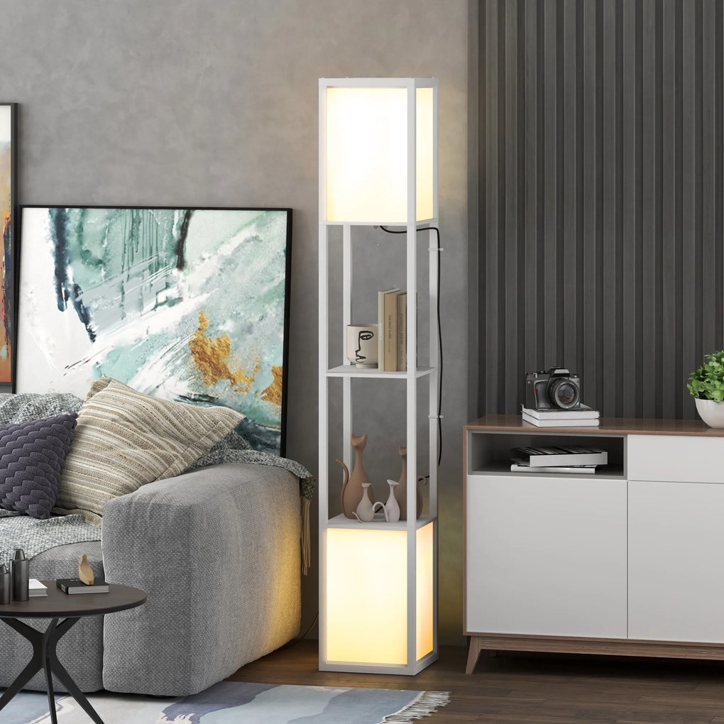 HOMCOM Lampă de Podea Modernă cu 2 Abajururi și 2 Rafturi, Lampă de Podea cu Întrerupător de Picior, 26x26x156 cm, Alb | Aosom Romania