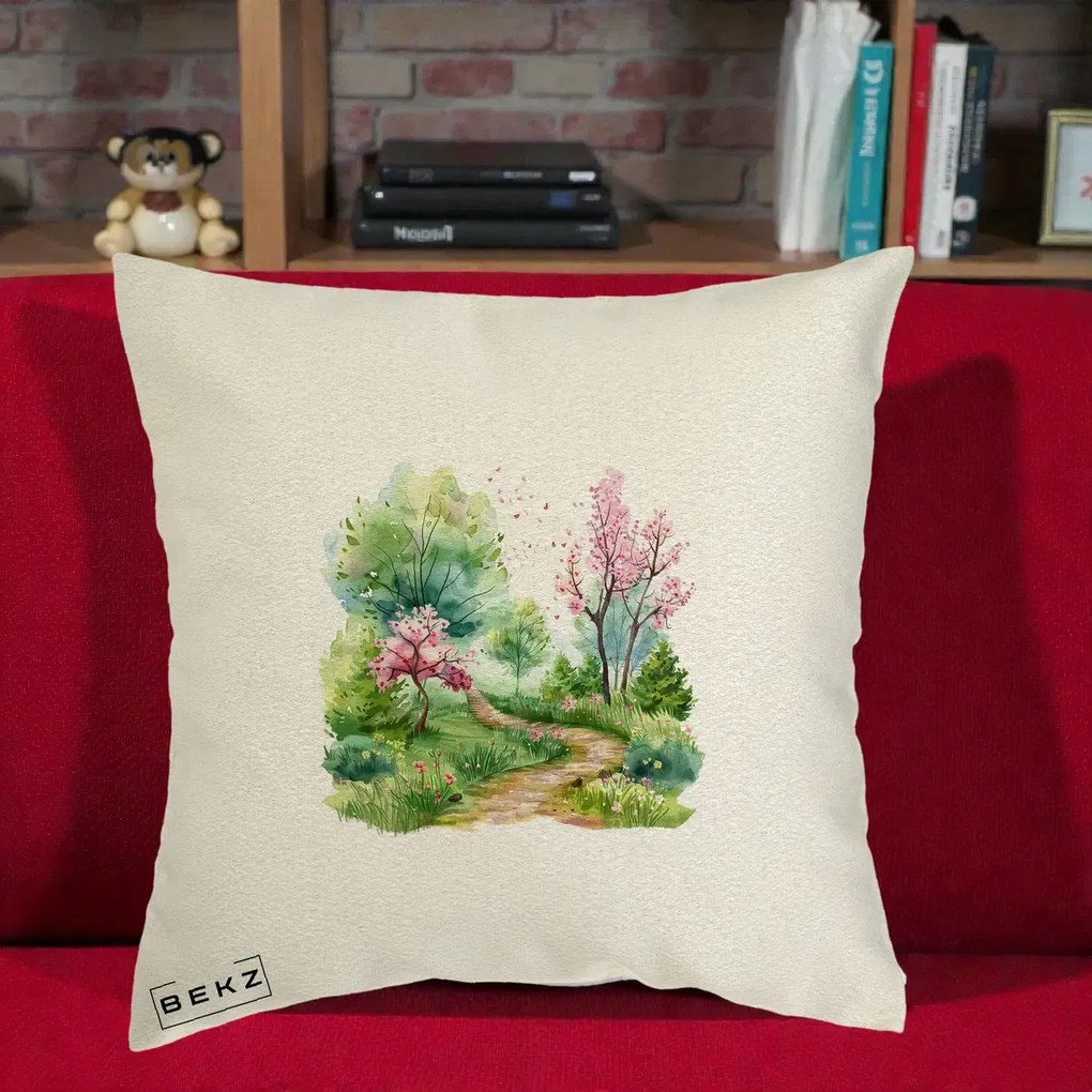 Perna Decorativa Gradina Primavara Acuarela, 40x40 cm, Ecru, Husa Detasabila, Perna Inclusa, BEKZ®