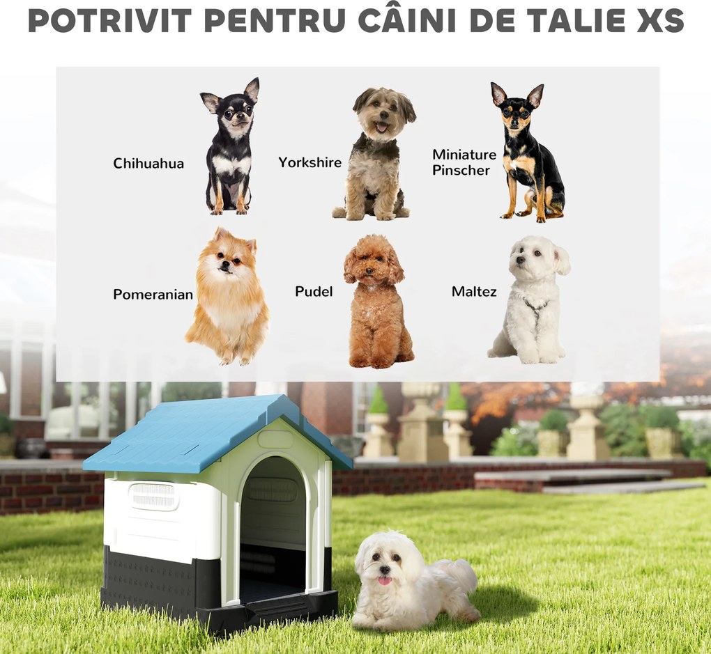 PawHut Cușcă pentru Câini de Exterior din Plastic, Căsuță pentru Câini Mici și Mini cu Ferestre, Acoperiș Înclinat și Bază Ridicată, 64,5x57x66 cm, Albastru | Aosom Romania