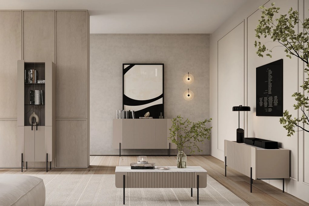 Dulap TV Malmi 200 cm pe soclu de metal - cașmir / crem / picioare negre