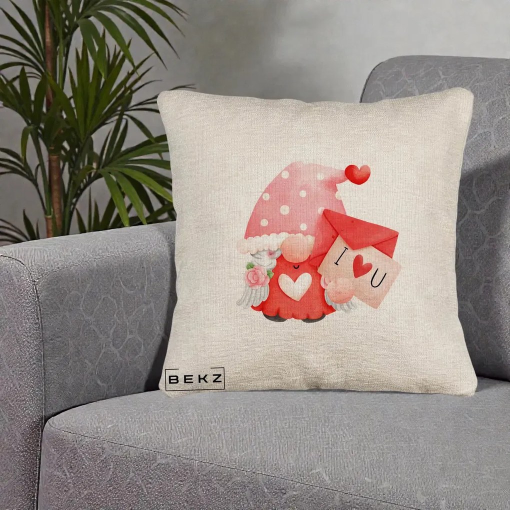 Cadou Romantic - Perna Personalizata I Love You Gnome Valentine cu Scrisoare, 40x40 cm, Bej Canapea, Husa Detasabila, Perna Inclusa, BEKZ®