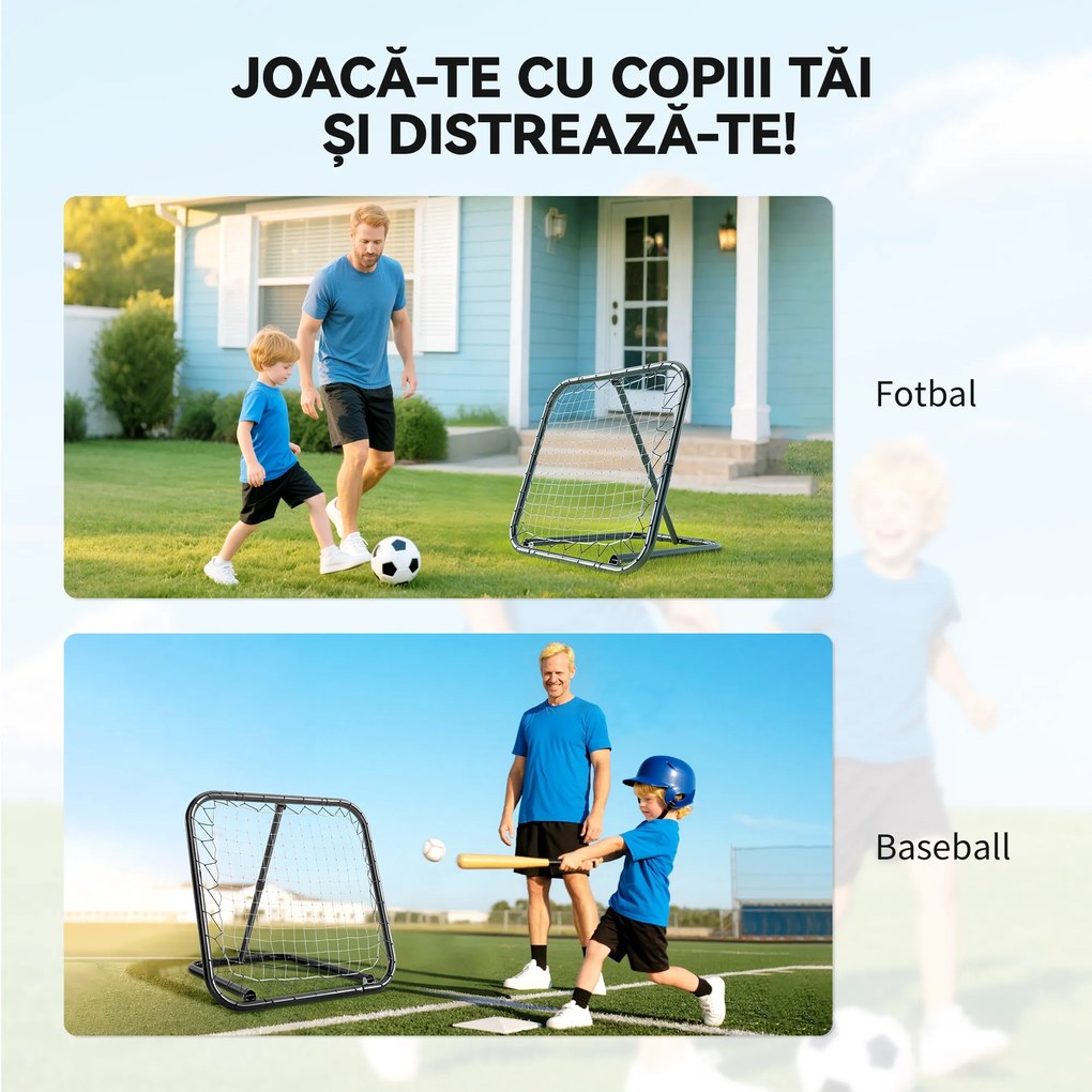 HOMCOM Rețea de Ricoșeu pentru Fotbal, Rețea de Fotbal Ricoșeu și Pliabilă cu Unghi Reglabil în Metal, pentru Antrenament Baseball și Volei, 78x84x65-78 cm, Negru | Aosom Romania
