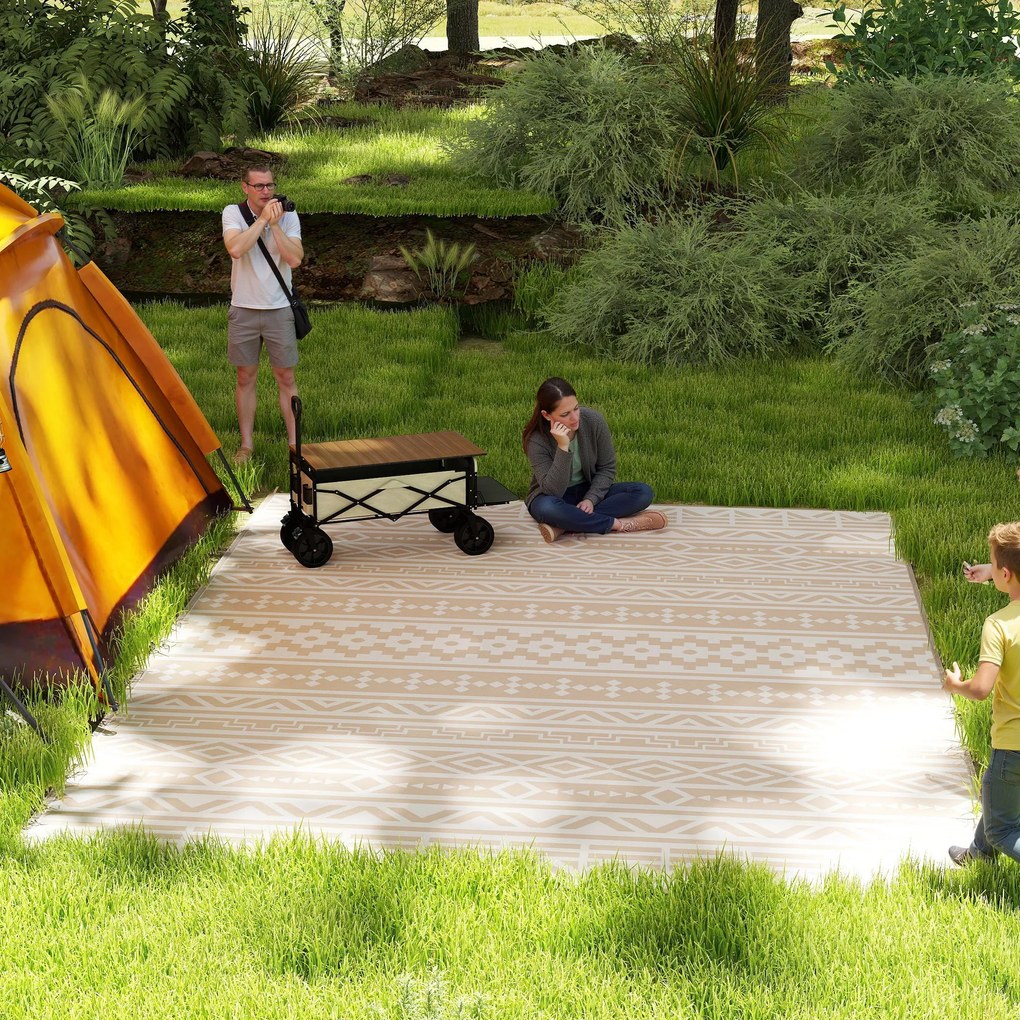 Outsunny Covor Exterior Reversibil 3,7 x 2,7 m, covor de pardoseală model perete geometric din PP geantă de transport kaki și bej deschis | Aosom Romania