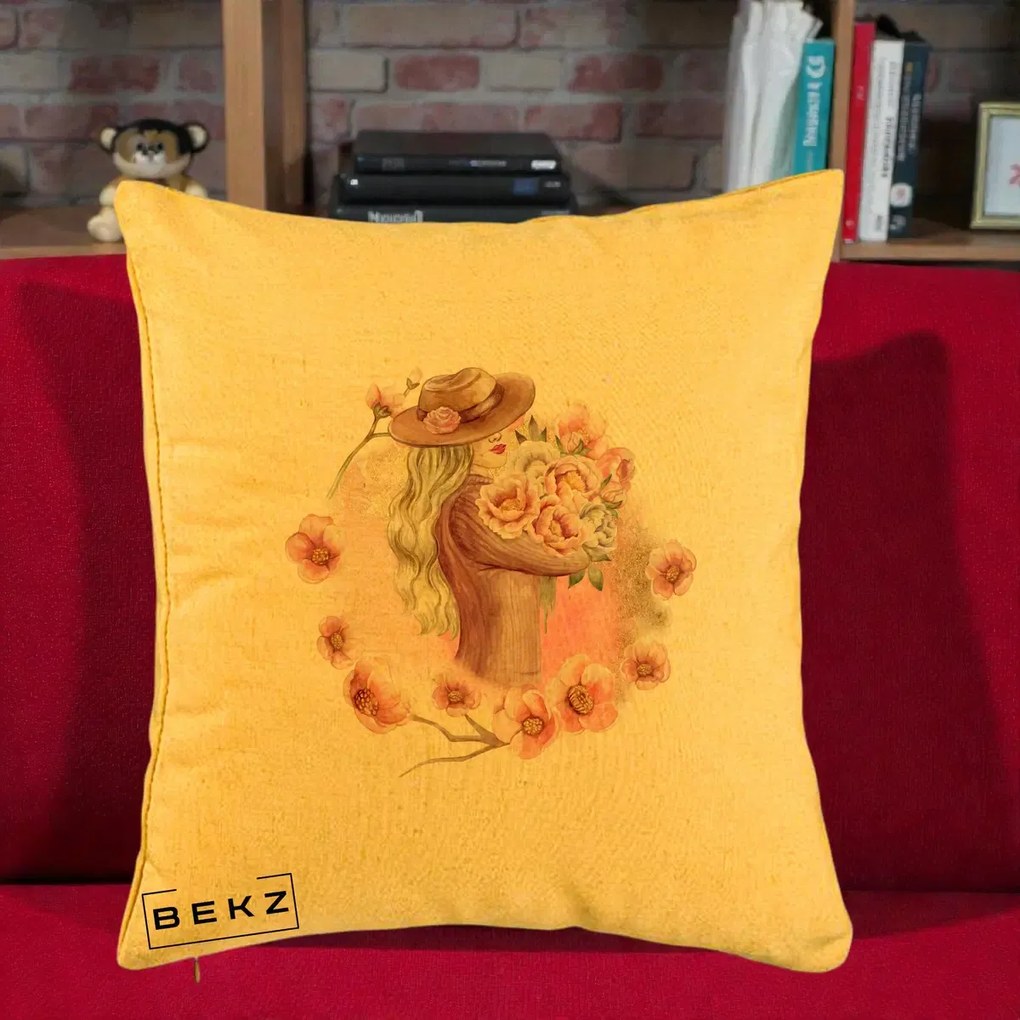 Perna Decorativa Femeie cu Flori Roz Acuarela, 40x40 cm, Galben, Husa Detasabila, Perna Inclusa, BEKZ®