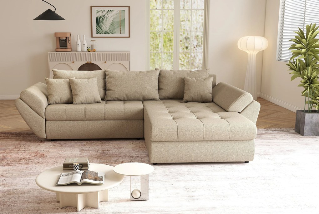 Colțar extensibil dumonde cu ladă de depozitare si sezut confortabil din spuma high-density, Loana Enjoy Camel II 270x185 cm